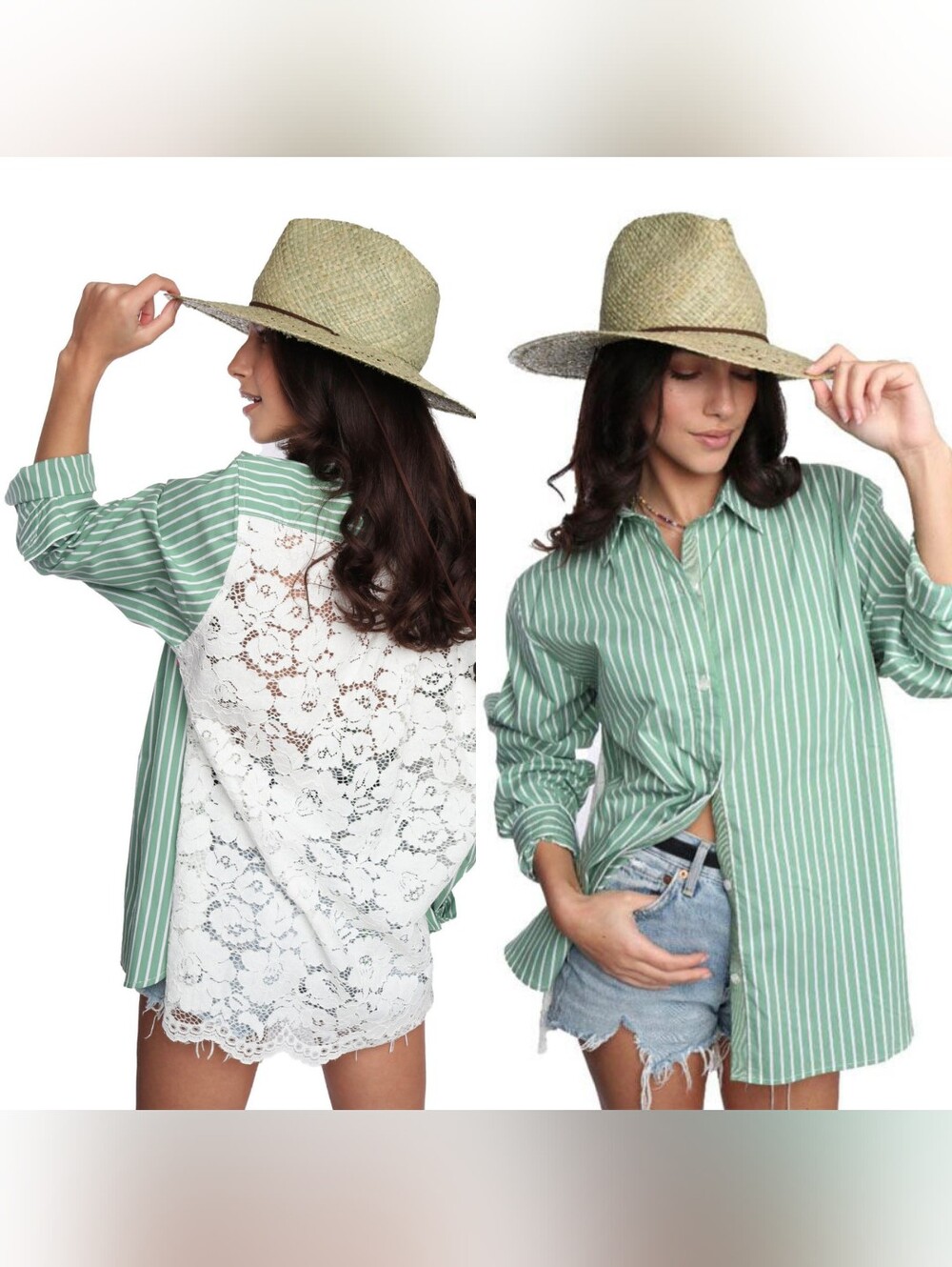 Romi Basha Selena Shirt Women's OS Green White Striped Lace Back Shirt Cover Up